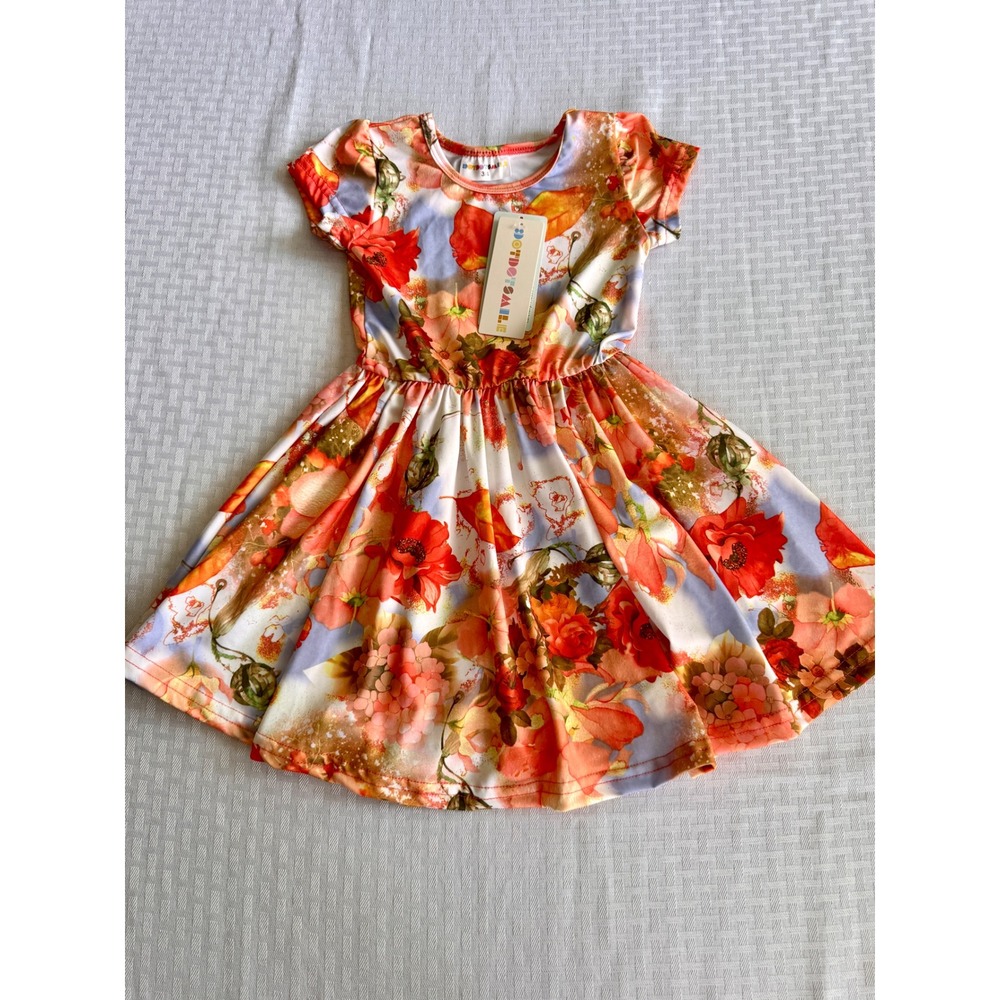 DotDotSmile Girls Floral Twirl Dress Orange Red Short Sleeve Size 3/4 NWT